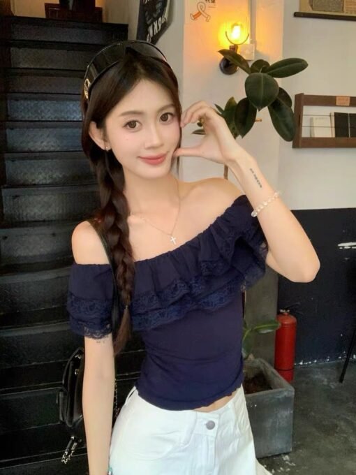 Vapetix S-XL  Pure lace side-shoulder strapless T-shirt for women 2025 new summer slim fit unique super good-look