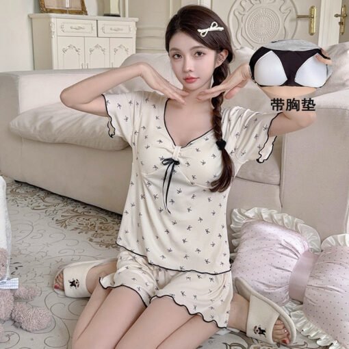 Vapetix M-XXL  Women's apricot Bow Pajamas with Chest Pad Summer Short-sleeved Modal V-neck suit - Afbeelding 3