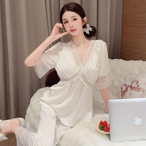 Vapetix M-XXL  Summer Ice Silk Thin Short-sleeved Trousers suit Solid Color Pajamas Women's Spring Home Clothes Wo - Imagen 5