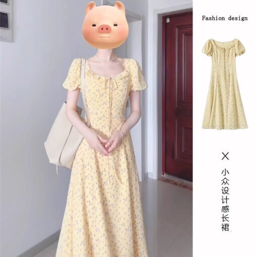 Vapetix S-2XL  French puff sleeve yellow dress summer 2025 new small and beautiful temperament floral long skirt – Bild 5
