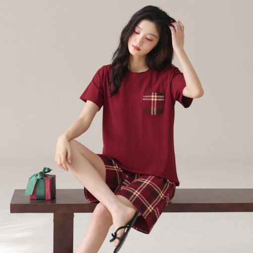 Vapetix Female M-Male 3XL  Pure Cotton Pull Rack Lycra Cotton Couple Pajamas Summer Red Crewneck Women's Short Sleeve Shorts M – Bild 3