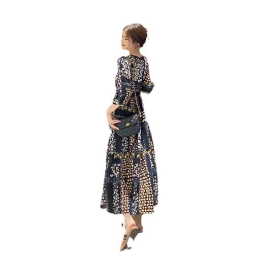 Vapetix M-2XL  Printed Mid-length French Style New A- line Dress V-neck Slimming Colorful Short-sleeved Split Lady