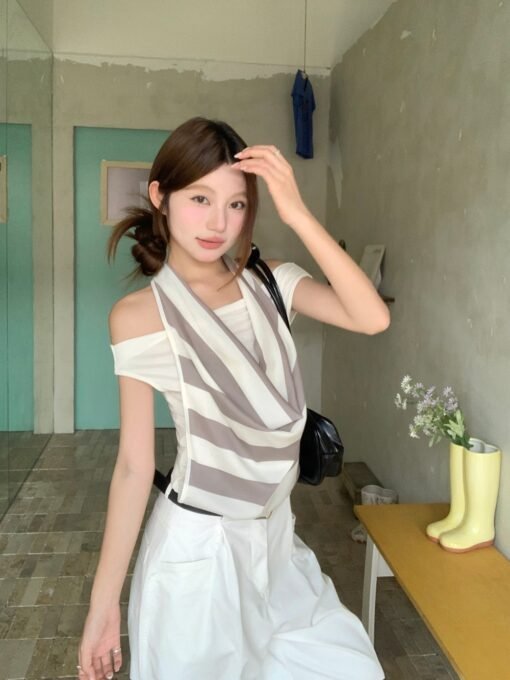 Vapetix Universal code-Universal code  Real shot, design-striped neck, one shoulder, waist-hugging two-piece top for women