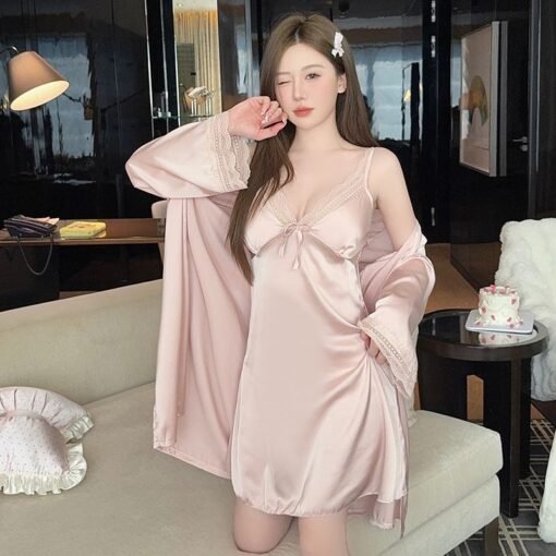 Vapetix 160(M)-175(XXL)  Xyqm-Pajamas Women's Nightgown Bathrobe Spring Autumn Summer Ice and Snow Silk Sling Nightgown with