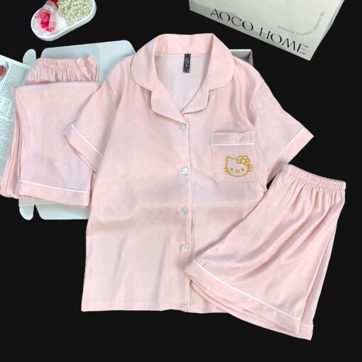 Vapetix M-XXL  Live Summer Short-sleeved Ice Silk Pajamas with Chest Pad Women's Thin Ice Silk Three-piece Set Wom – Bild 5