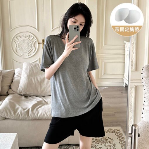 Vapetix M-XXL  Shaoxing -2025 Pajamas Women's Cotton Crewneck Short Sleeve Shorts Solid Color Outer Wear Home Wear - Kép 5
