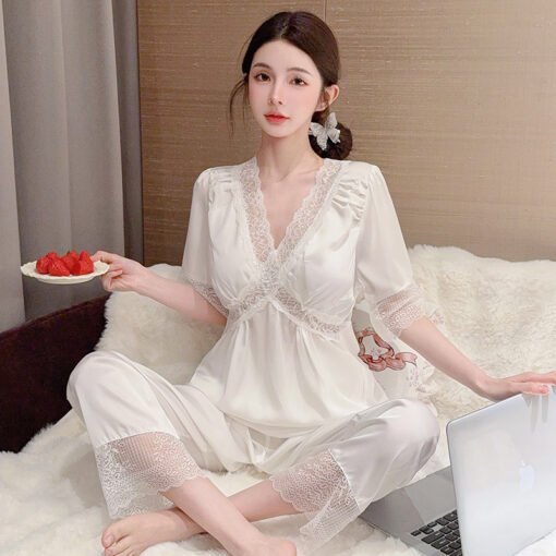 Vapetix M-XXL  Summer Ice Silk Thin Short-sleeved Trousers suit Solid Color Pajamas Women's Spring Home Clothes Wo