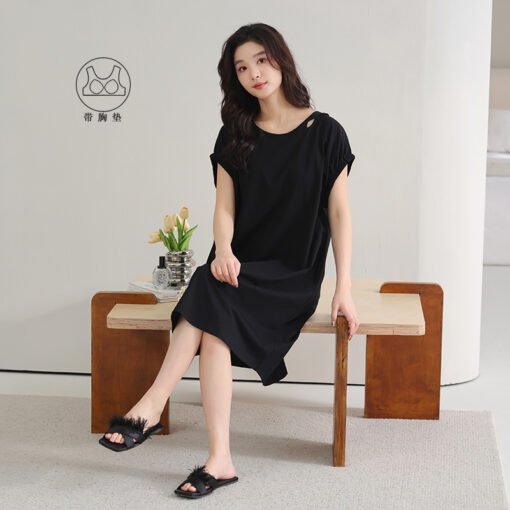 Vapetix 160(M)-175(XXL)  With Chest Pad Cool Cotton Short-sleeved Nightgown Pullover Casual Simple Pure Cotton Pull-up Cotto - Imagen 5