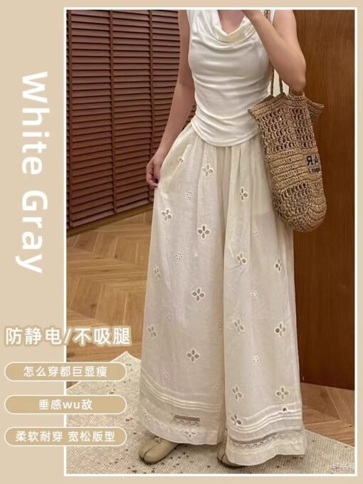 Vapetix S-2XL  apricot Holiday Sense Summer Design Sense Hollow Lace Stitching Wide Leg Casual Pants High Waist Lo