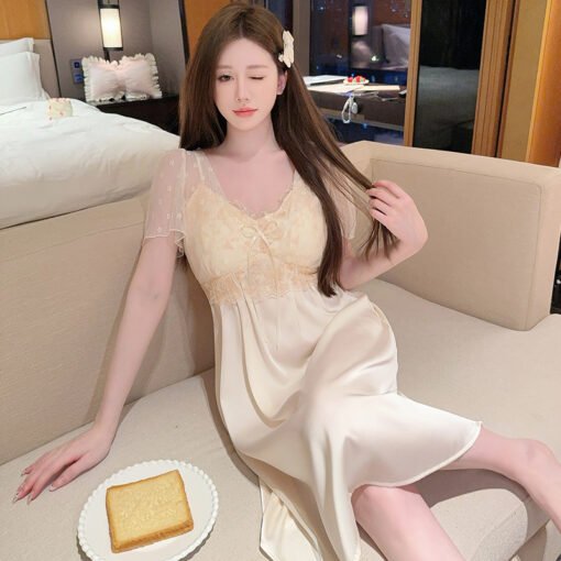Vapetix M-XL  Summer Short Sleeve Ice Silk Nightgown with Chest Pad Sexy Lace Mesh Pure Desire Long Nightgown Nig
