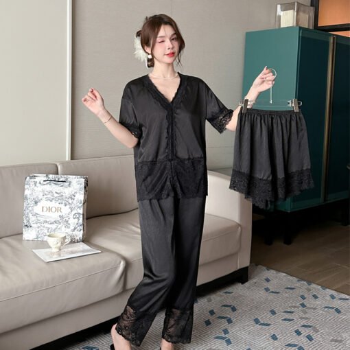 Vapetix M-XXL  Black Three-Piece Hollow Ice Silk Pajamas Cardigan V-Neck Lace Home Clothes