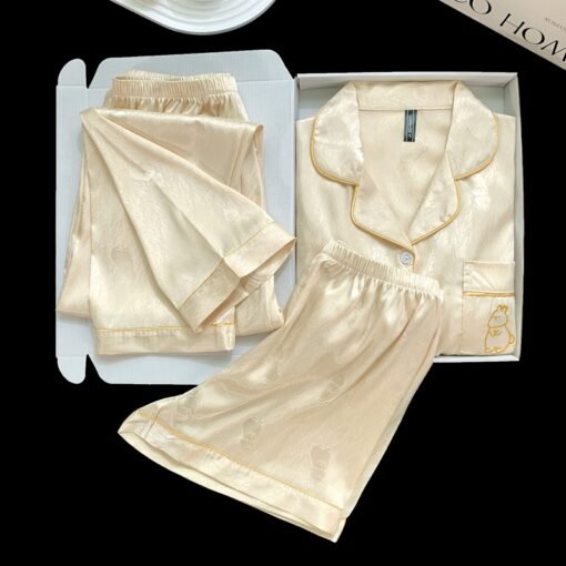 Vapetix M-XXL  Live Summer Short-sleeved Ice Silk Pajamas with Chest Pad Women's Thin Ice Silk Three-piece Set Wom