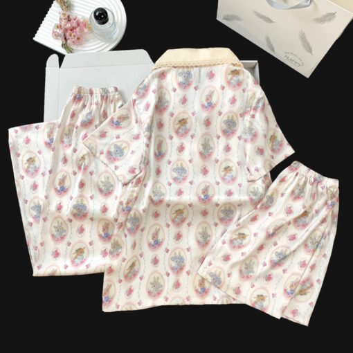 Vapetix M-XXL  Live Summer Short-sleeved Ice Silk Pajamas Women's Thin Ice Silk Three-piece Set Women's Home Cloth