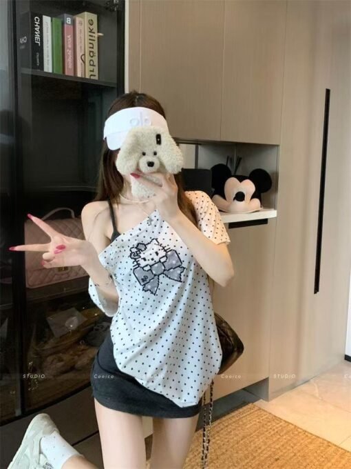 Vapetix S-XL  【40 imitation cotton thread】tiled neck bow printed short-sleeved T-shirt women's loose top