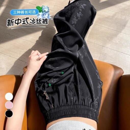 Vapetix M-4XL  plus size New Chinese Style National Style Acetic Acid Satin Casual Pants Women's Summer Thin chubb