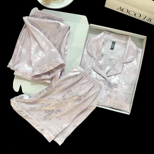 Vapetix M-XXL  Live Summer Short-sleeved Ice Silk Pajamas with Chest Pad Women's Thin Ice Silk Three-piece Set Wom