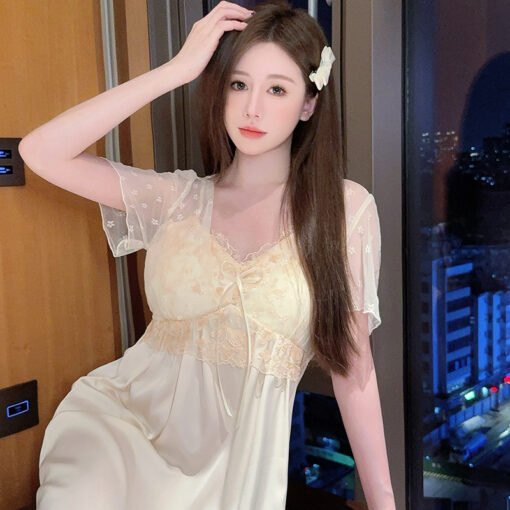 Vapetix M-XL  Summer Short Sleeve Ice Silk Nightgown with Chest Pad Sexy Lace Mesh Pure Desire Long Nightgown Nig – Bild 5