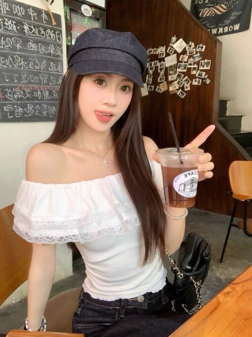 Vapetix S-XL  Pure lace side-shoulder strapless T-shirt for women 2025 new summer slim fit unique super good-look - Pilt 2