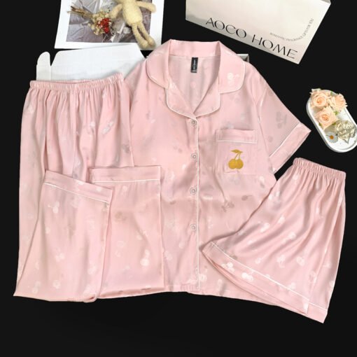 Vapetix M-XXL  Live Summer Short-sleeved Ice Silk Pajamas with Chest Pad Women's Thin Ice Silk Three-piece Set Wom