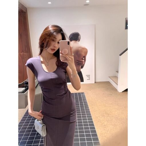 Vapetix Universal code-Universal code  Fashionable low-neck short-sleeved dress for women with slim waist-hugging and slim solid color tem - obrazek 3