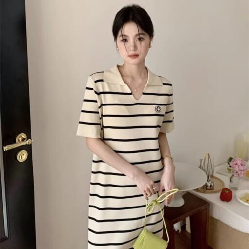 Vapetix Universal code-Universal code  French polo striped short-sleeved ice silk knitted dress 2025 summer new niche loose and fashionabl – Bild 5