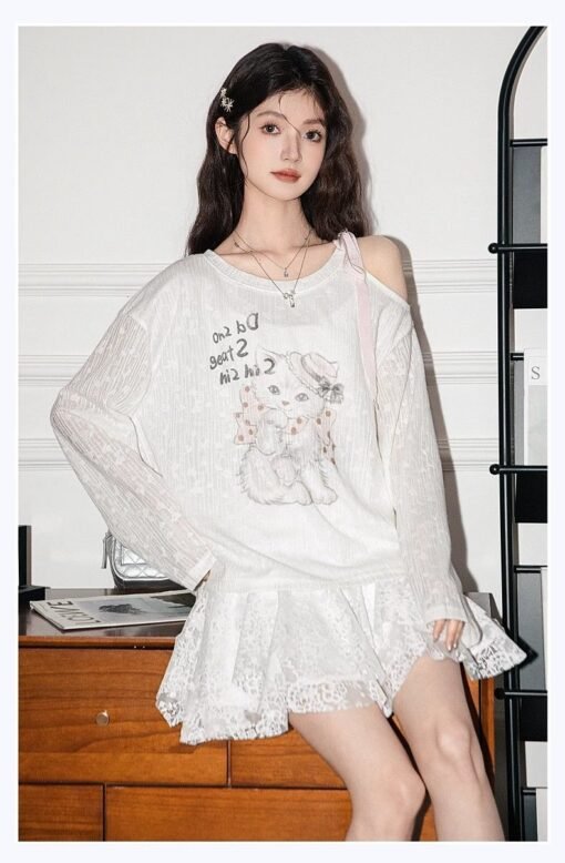Vapetix S-XL  Original Fabric White Off-shoulder Cat T-shirt Women's 2025 Spring Printed Loose Long-sleeved Blous