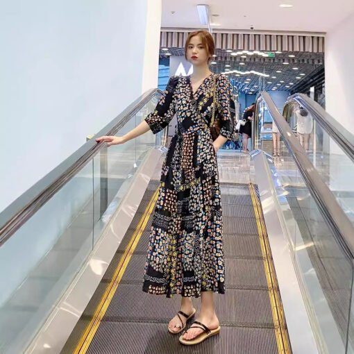 Vapetix M-2XL  Printed Mid-length French Style New A- line Dress V-neck Slimming Colorful Short-sleeved Split Lady - 图片 2