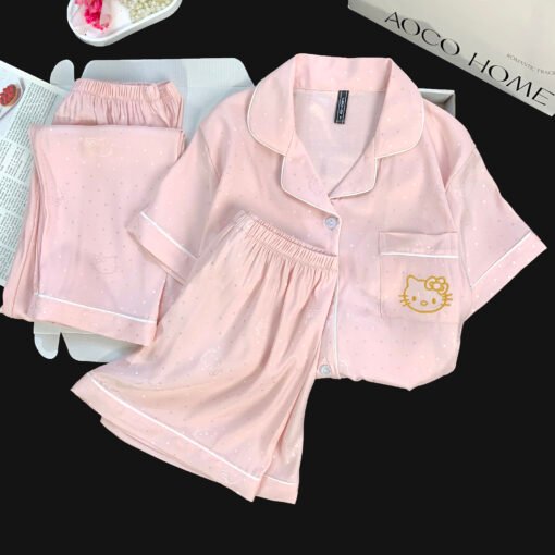 Vapetix M-XXL  Live Summer Short-sleeved Ice Silk Pajamas with Chest Pad Women's Thin Ice Silk Three-piece Set Wom