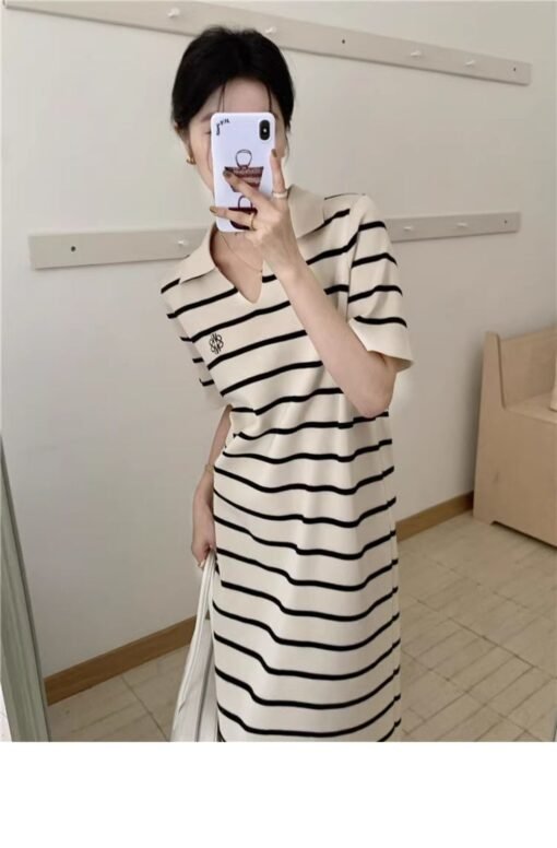 Vapetix Universal code-Universal code  French polo striped short-sleeved ice silk knitted dress 2025 summer new niche loose and fashionabl