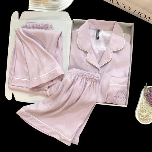Vapetix M-XXL  Live Summer Short-sleeved Ice Silk Pajamas with Chest Pad Women's Thin Ice Silk Three-piece Set Wom