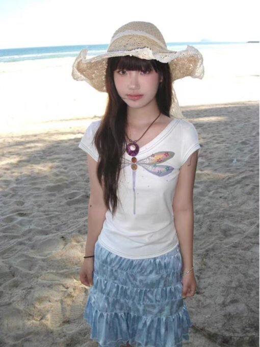 Vapetix S-XL  【210g 40 1×1 pure cotton】V-neck hand-painted dragonfly printed short-sleeved T-shirt slim shoulder - Imagen 3
