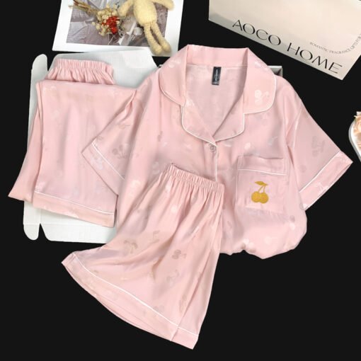 Vapetix M-XXL  Live Summer Short-sleeved Ice Silk Pajamas with Chest Pad Women's Thin Ice Silk Three-piece Set Wom – Bild 2
