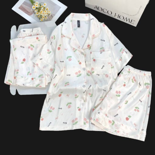 Vapetix M-XXL  Live Summer Short-sleeved Ice Silk Pajamas with Chest Pad Women's Thin Ice Silk Three-piece Set Wom – Bild 5