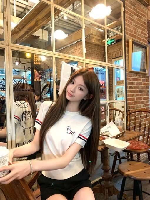 Vapetix Universal code-Universal code  2025 summer new off-white short-sleeved T-shirt for women's college style embroidered round neck sl – Bild 3