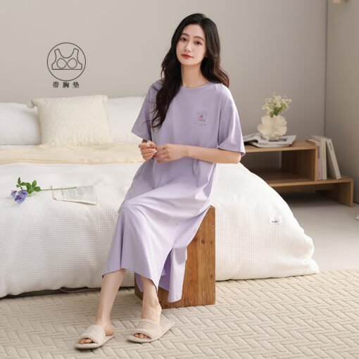 Vapetix 160(M)-175(XXL)  With Chest Pad Cool Cotton Short-sleeved Nightgown Pullover Casual Simple Pure Cotton Pull-up Cotto - Imagen 2