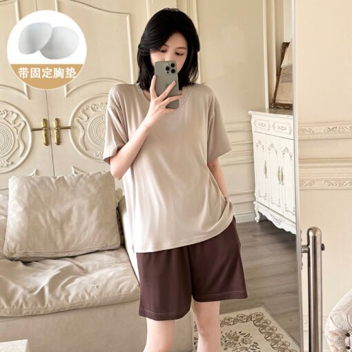 Vapetix M-XXL  Shaoxing -2025 Pajamas Women's Cotton Crewneck Short Sleeve Shorts Solid Color Outer Wear Home Wear – Bild 2
