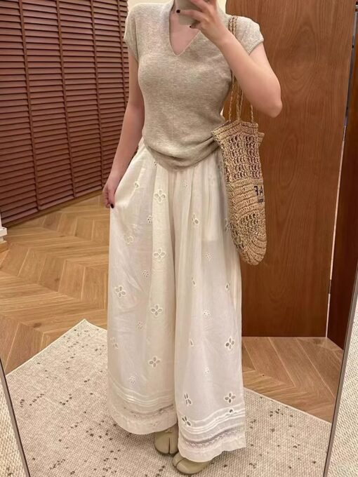Vapetix S-2XL  apricot Holiday Sense Summer Design Sense Hollow Lace Stitching Wide Leg Casual Pants High Waist Lo - 图片 2