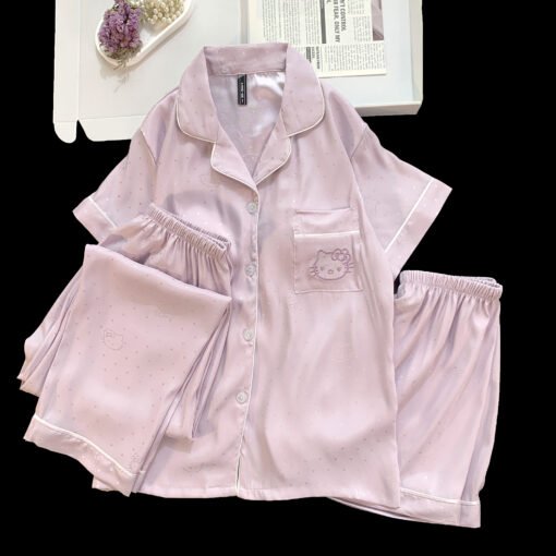 Vapetix M-XXL  Live Summer Short-sleeved Ice Silk Pajamas with Chest Pad Women's Thin Ice Silk Three-piece Set Wom – Bild 2