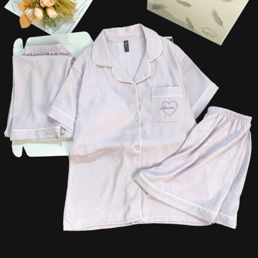 Vapetix M-XXL  Live Summer Short-sleeved Ice Silk Pajamas with Chest Pad Women's Thin Ice Silk Three-piece Set Wom – Bild 3