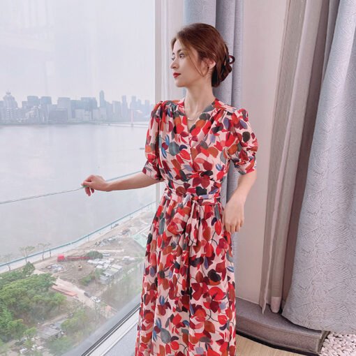 Vapetix M-2XL  Mid-length French Style New A- line Dress V-neck Slimming Summer Over-the-knee Short Sleeve Split L - 图片 5