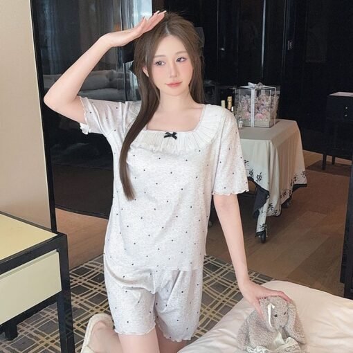 Vapetix M-XXL  Xyqm-pajamas women's summer thin short sleeve ice silk thread 2025 new sweet home clothing suit lac – Bild 2