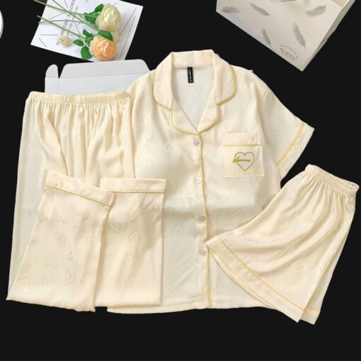 Vapetix M-XXL  Live Summer Short-sleeved Ice Silk Pajamas with Chest Pad Women's Thin Ice Silk Three-piece Set Wom - Kép 2
