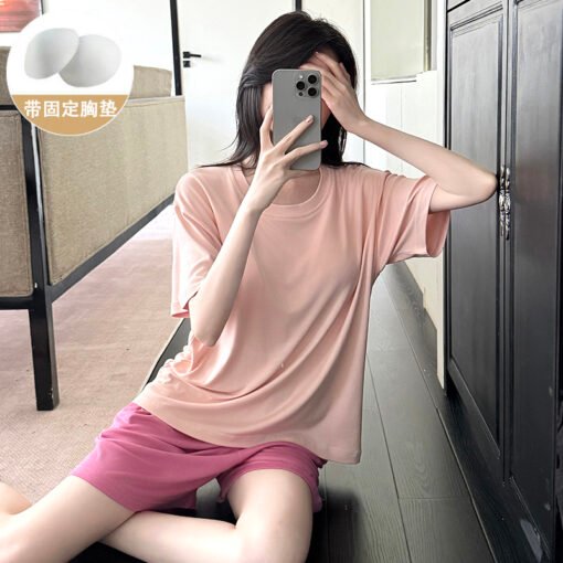 Vapetix M-XXL  Shaoxing -2025 Pajamas Women's Cotton Crewneck Short Sleeve Shorts Solid Color Outer Wear Home Wear – Bild 3