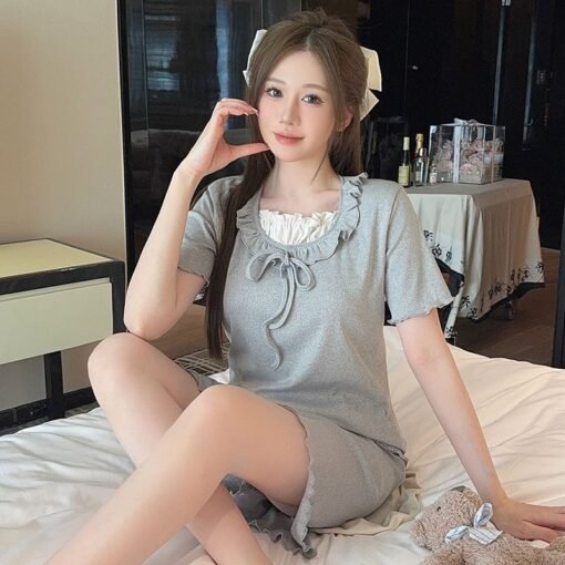 Vapetix M-XXL  Xyqm-pajamas women's summer thin short sleeve ice silk thread 2025 new sweet home clothing suit lac - Imagen 2