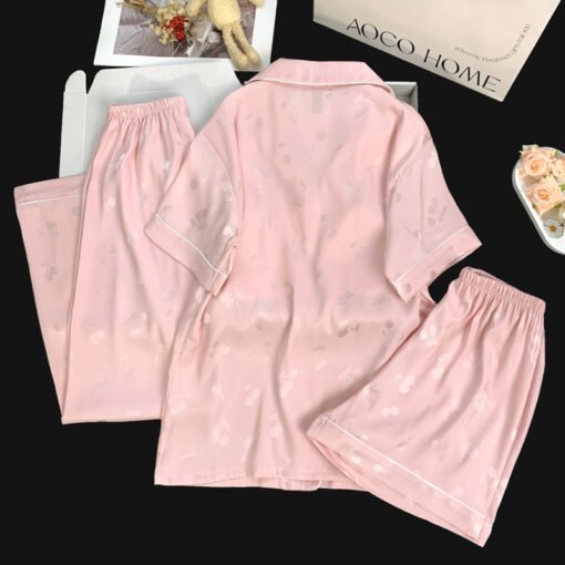Vapetix M-XXL  Live Summer Short-sleeved Ice Silk Pajamas with Chest Pad Women's Thin Ice Silk Three-piece Set Wom – Bild 3