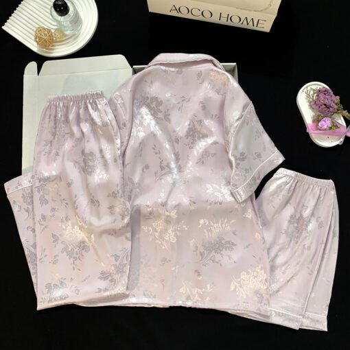 Vapetix M-XXL  Live Summer Short-sleeved Ice Silk Pajamas with Chest Pad Women's Thin Ice Silk Three-piece Set Wom - Kép 3