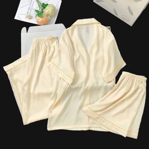Vapetix M-XXL  Live Summer Short-sleeved Ice Silk Pajamas with Chest Pad Women's Thin Ice Silk Three-piece Set Wom - Kép 3