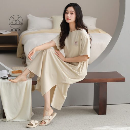 Vapetix 160(M)-175(XXL)  With Chest Pad Cool Cotton Short-sleeved Nightgown Pullover Casual Simple Pure Cotton Pull-up Cotto - Afbeelding 3