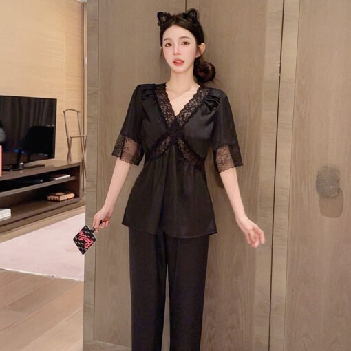 Vapetix M-XXL  Summer Ice Silk Thin Short-sleeved Trousers suit Solid Color Pajamas Women's Spring Home Clothes Wo