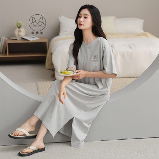Vapetix 160(M)-175(XXL)  With Chest Pad Cool Cotton Short-sleeved Nightgown Pullover Casual Simple Pure Cotton Pull-up Cotto